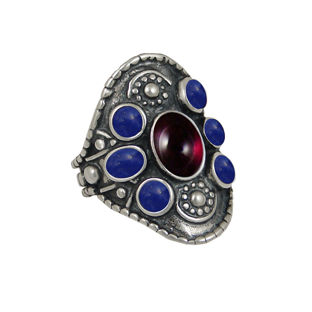 Sterling Silver High Queen's Ring With Garnet And Lapis Lazuli Size 10
